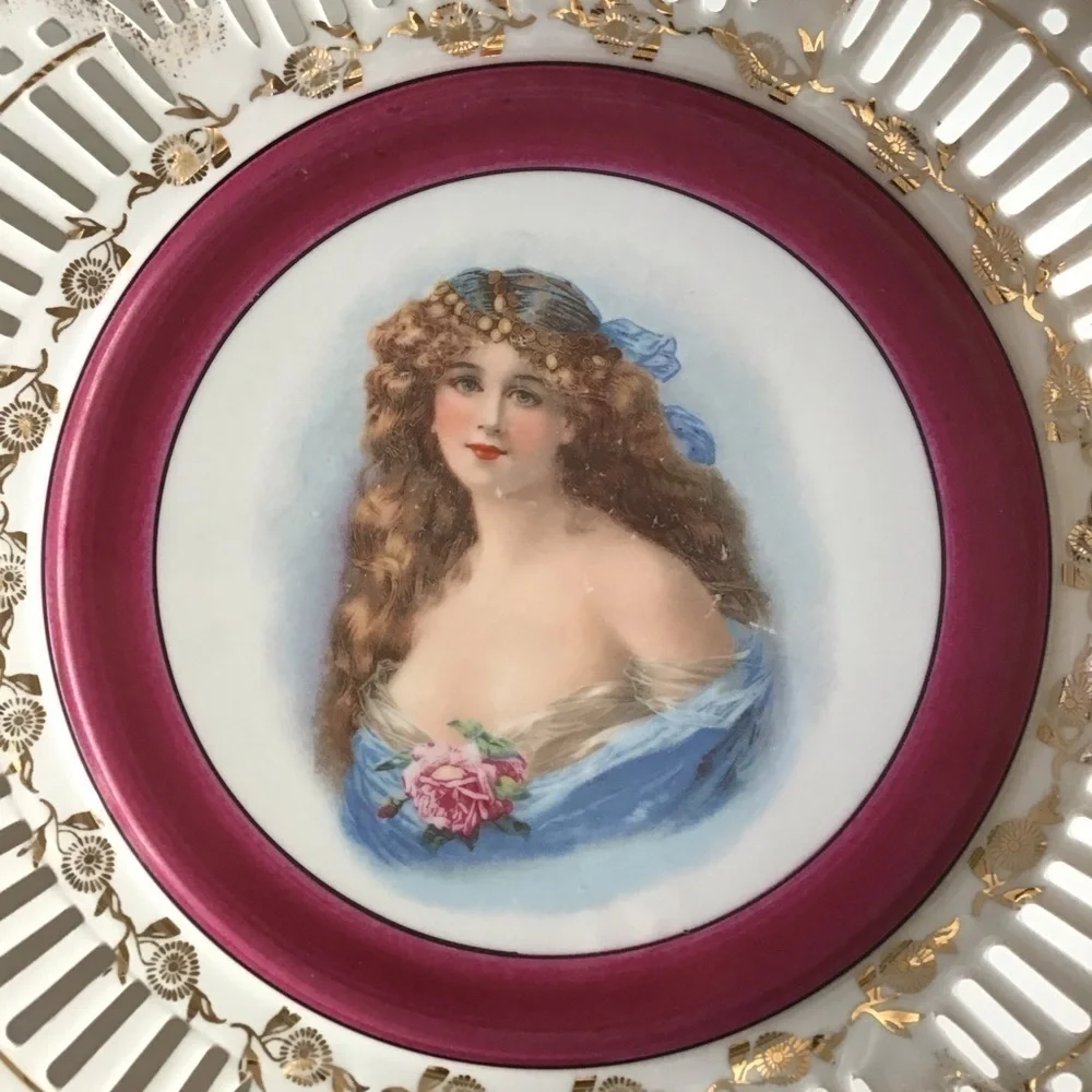 PAIR Portrait Plate Reticulated Maidens Paul's Gifts FRP & Co NY Germany Vintage